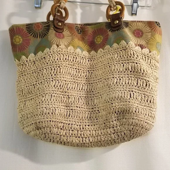 Cream Knit Canvas Floral Pattern Satchel Bag - Picture 2 of 12